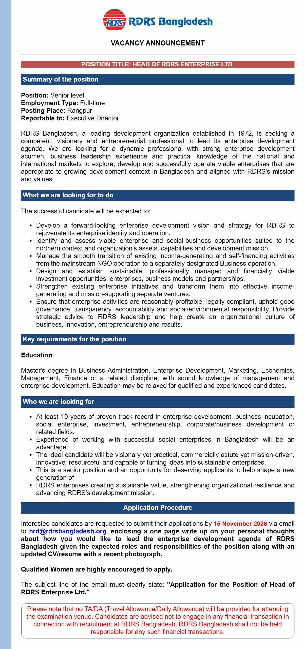 আরডিআরএস বাংলাদেশে Head of RDRS Enterprise Ltd. নিয়োগ ২০২৬