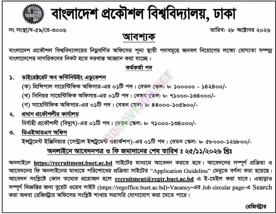 বুয়েটে ৫৪ পদে নিয়োগ বিজ্ঞপ্তি ২০২৬