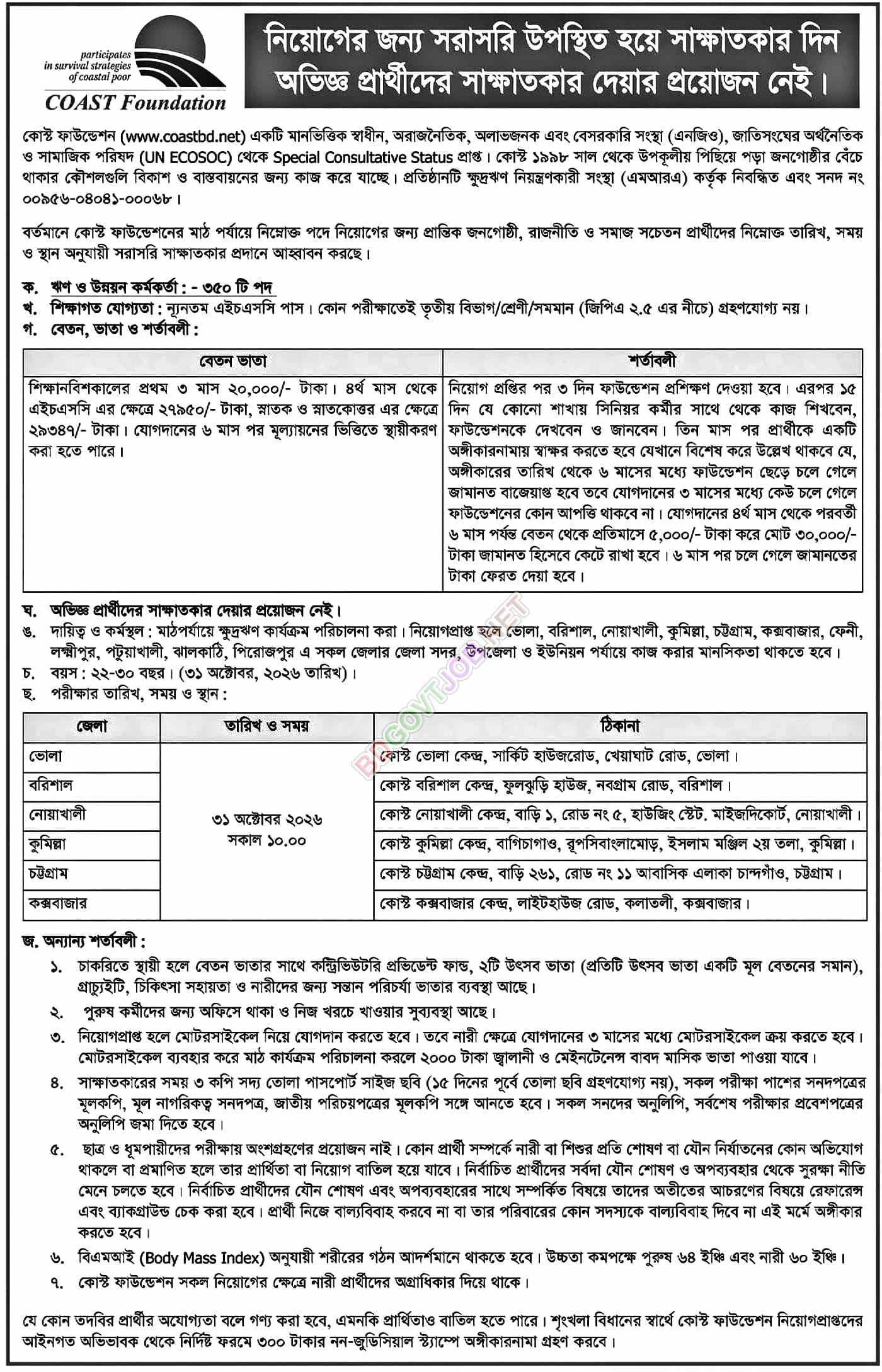 কোস্ট ফাউন্ডেশনে ৩৫০ ঋণ ও উন্নয়ন কর্মকর্তা নিয়োগ ২০২৬